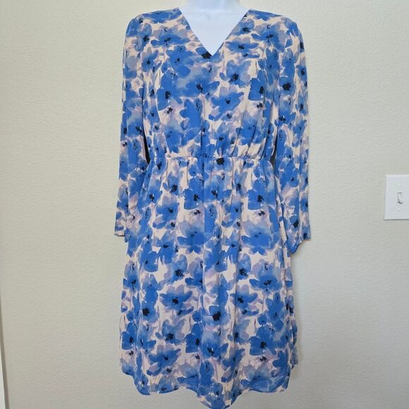 J. Crew Blue Floral V Neck Long Sleeve Cinched Waist Short Dress Size 00 - Picture 1 of 14